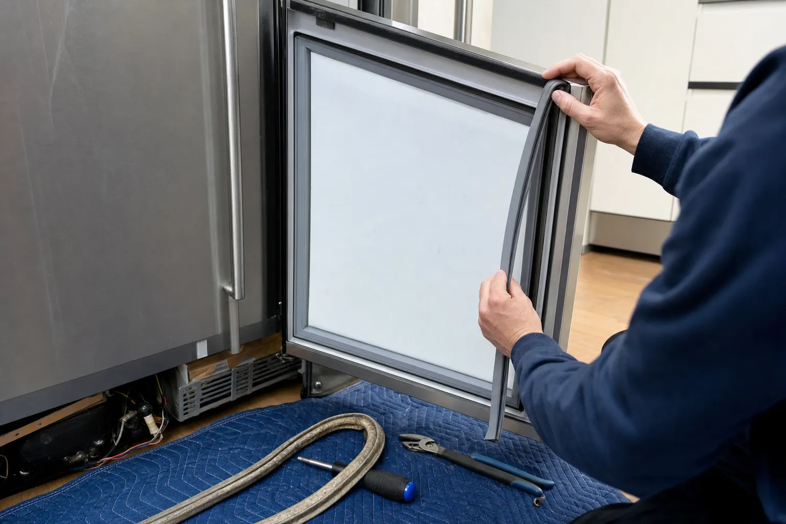 New door gasket being pressed into an undercounter unit's door, the old gasket and tools on a blanket