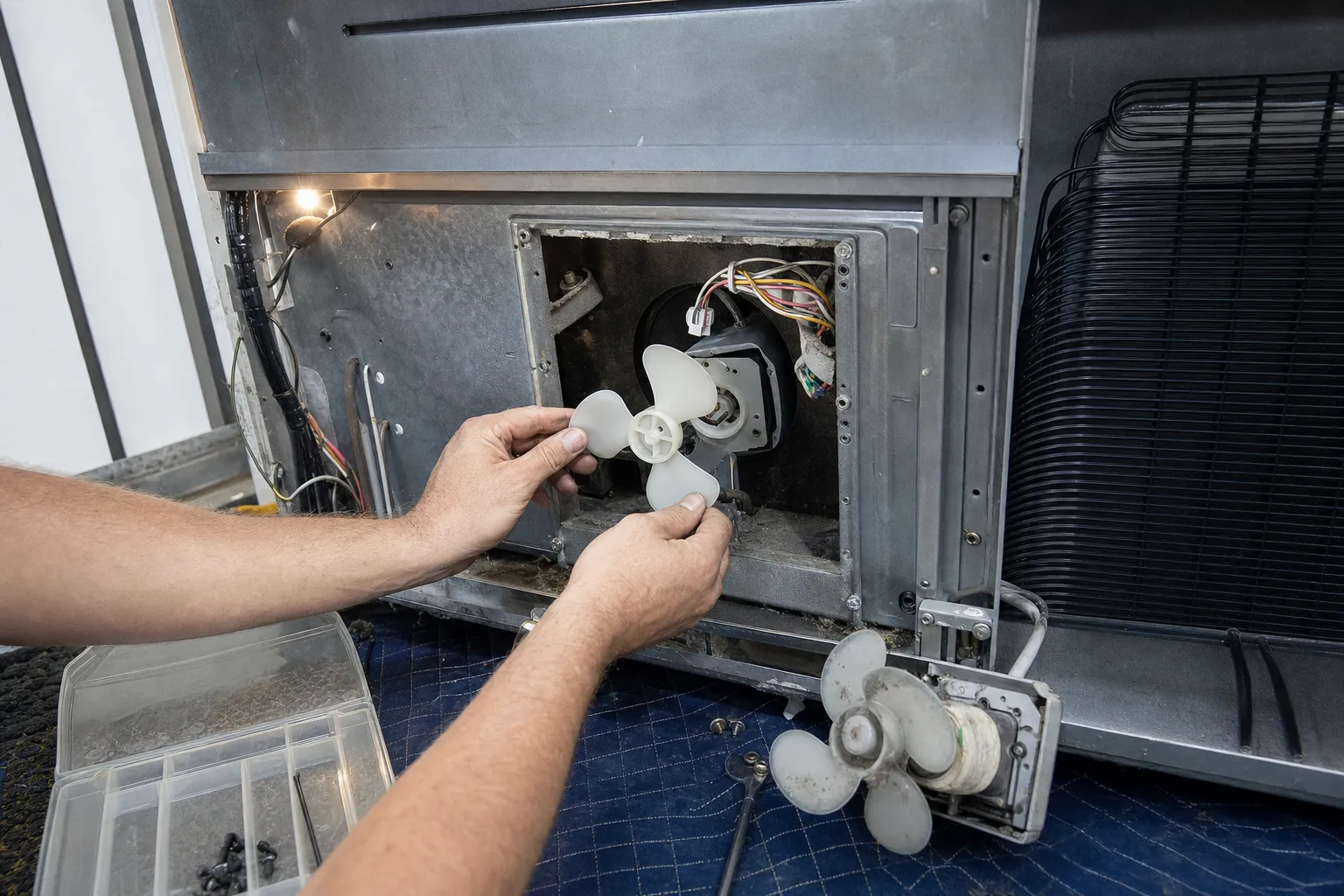 A new condenser fan blade being fitted at the back of a refrigeration unit, old fan motor on the mat