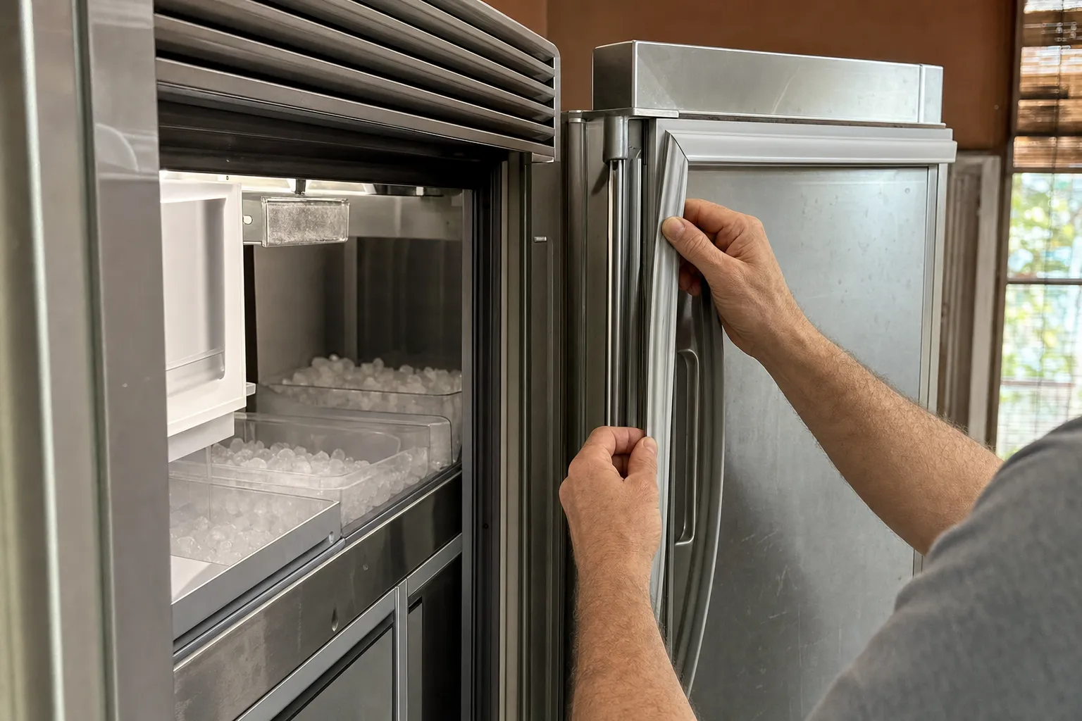 Clear bins of ice cubes in an open stainless freezer compartment while two hands work the gasket along its door