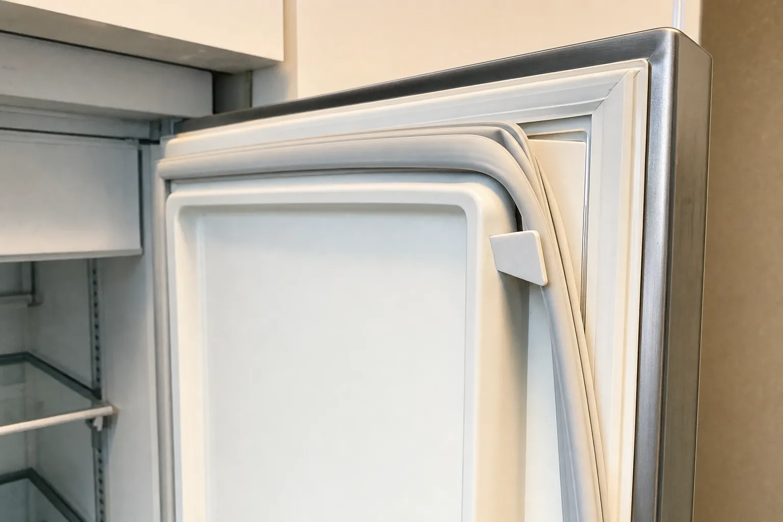 Door gasket peeled away at the top corner of an open built-in refrigerator door, glass shelves inside the cabinet