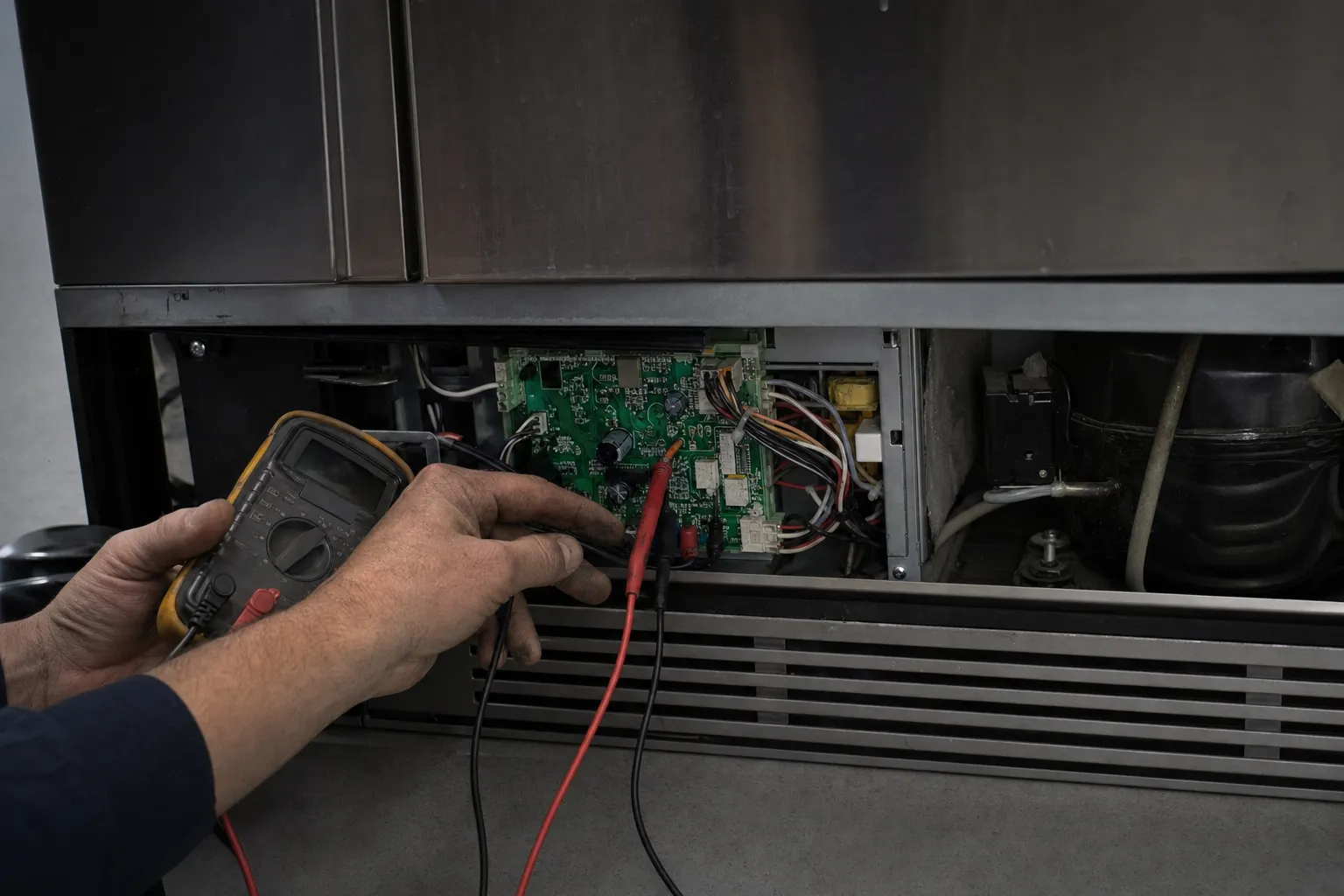 Meter leads on the control board behind the louvred lower grille of a dark stainless unit, the compressor to its right