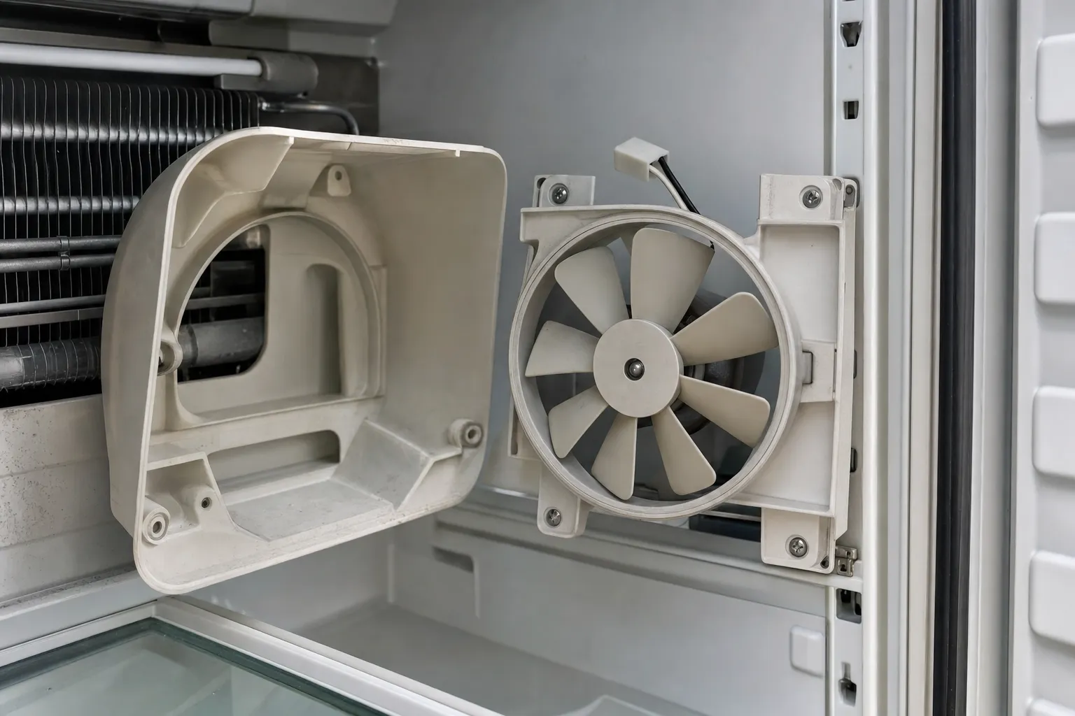 Evaporator fan in its bracket beside the unbolted plastic shroud inside a refrigerator cabinet, coil fins exposed behind