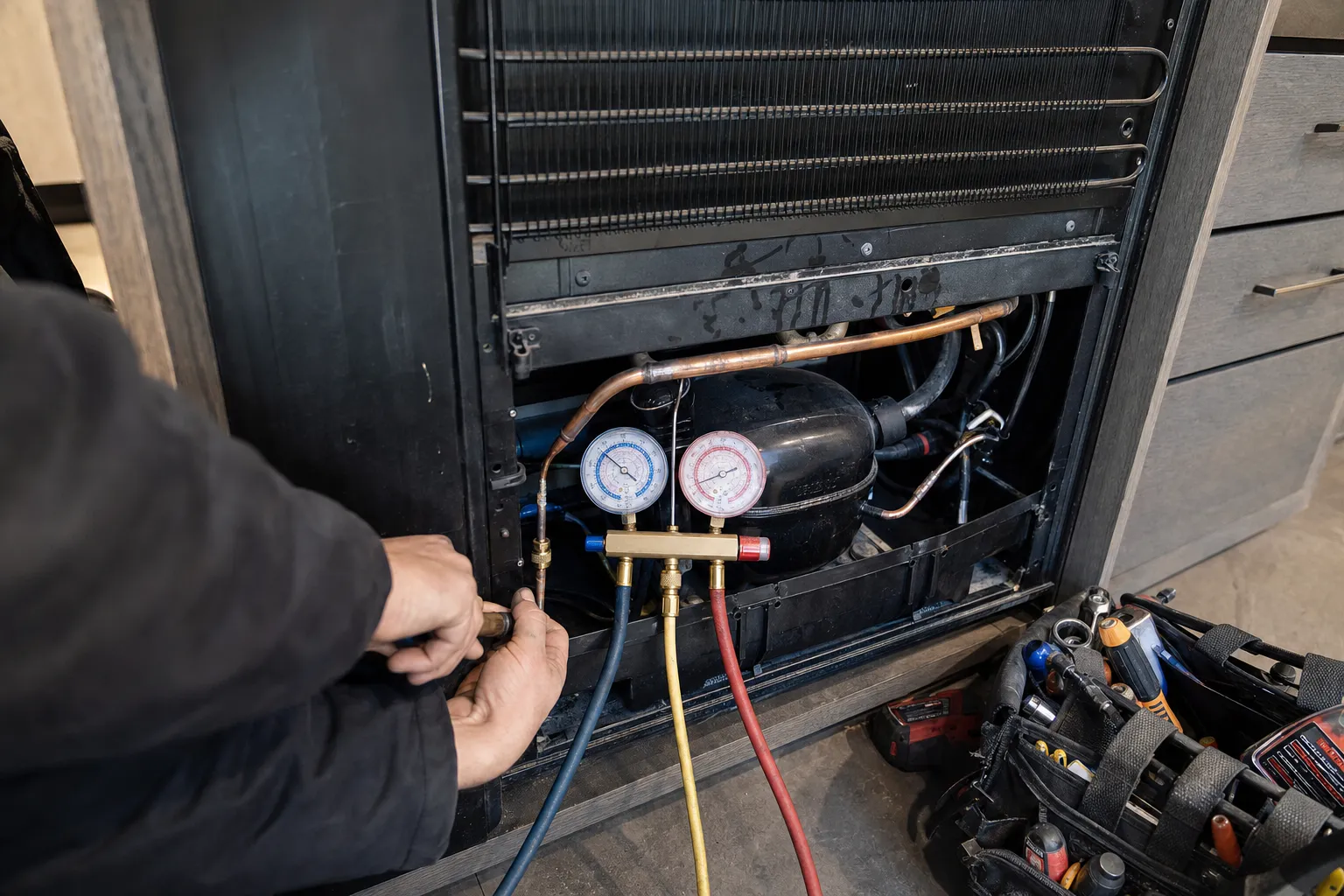 Gauge manifold hooked to a compressor beneath a condenser coil, blue, yellow and red hoses running down beside a tool bag