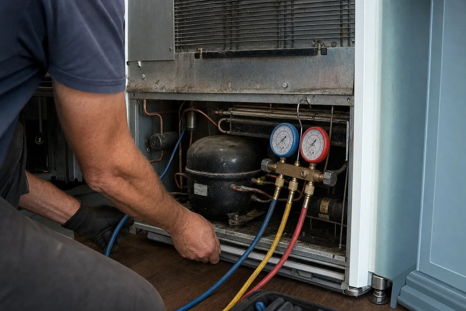 Gloved hands at a gauge manifold on the compressor of a built-in unit, the condenser grille above it